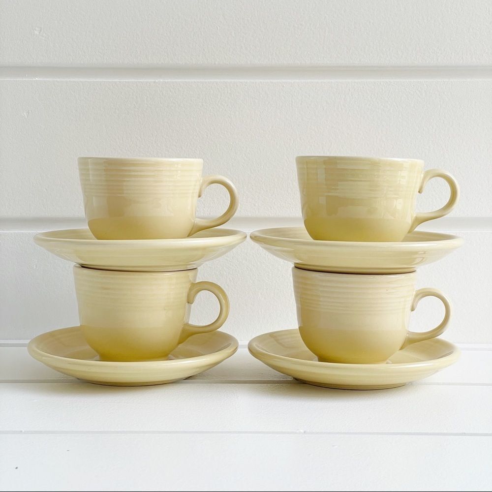 Fiestaware Homer Laughlin Lot of Four Retired Pale Yellow Tea Cups and Saucers